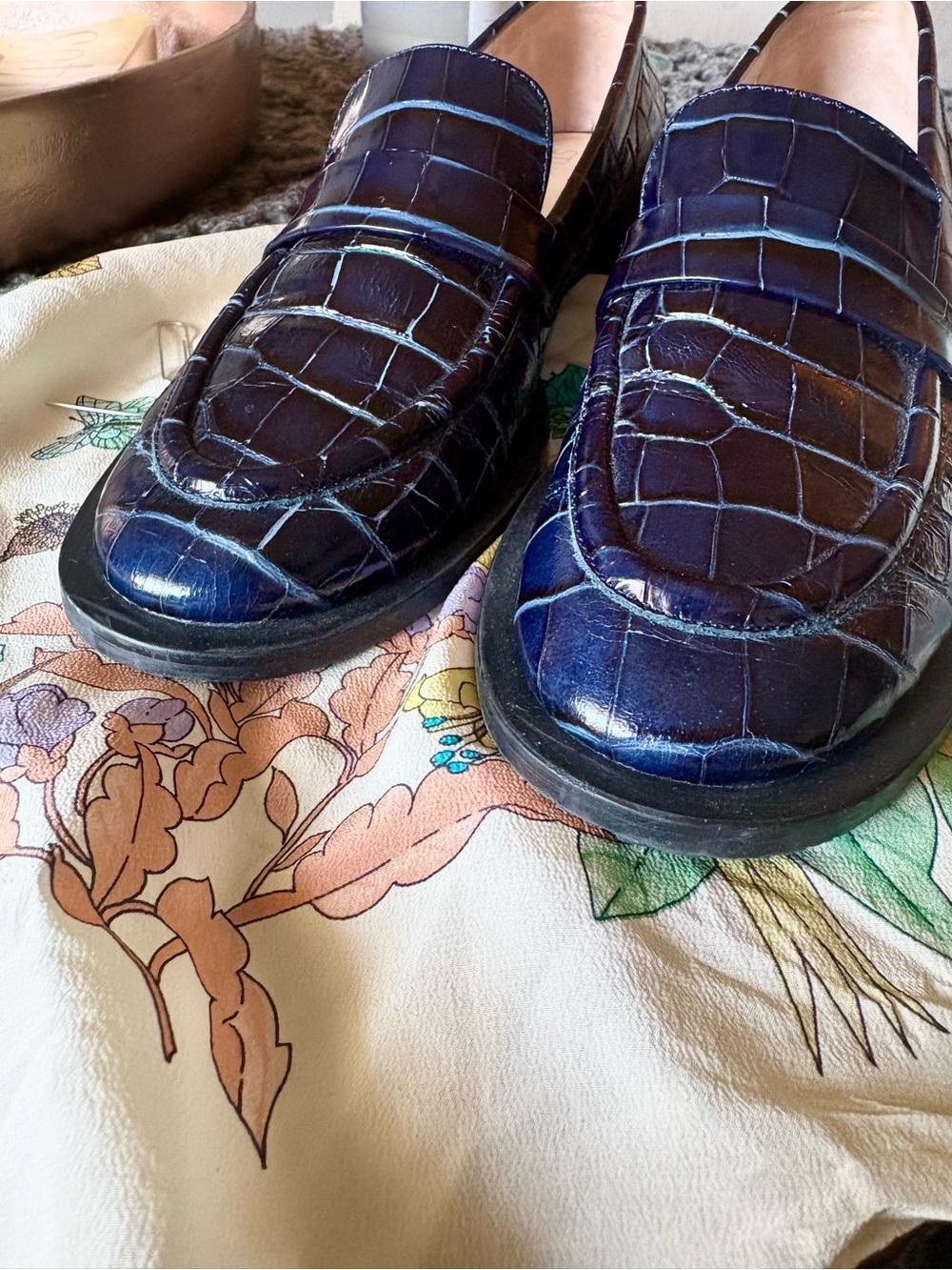 Stuart Weitzman Palmer Sleek Blue Croc-Embossed Penny Loafers - Picture 4 of 7